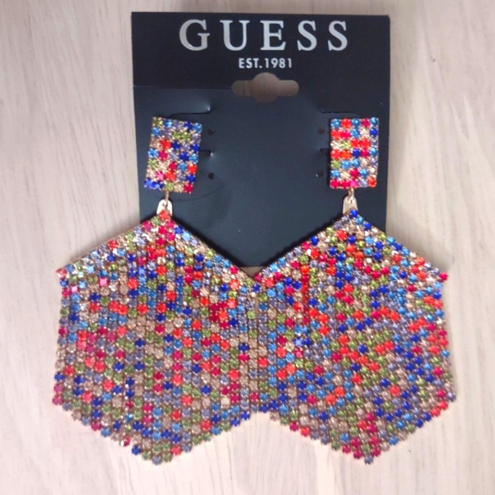 Guess Pride Rainbow Colors Crystal Fringe Gold Earrings Y2K Bling